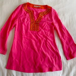 Trina Turk Pink silk Tunic with Orange embroidery Accents